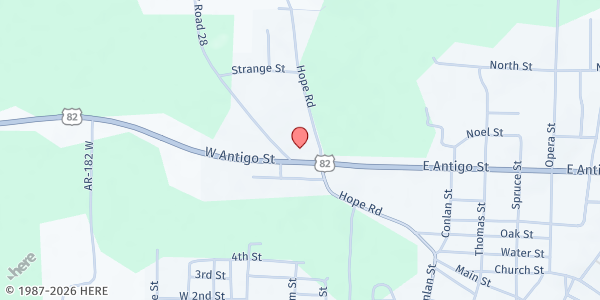 Map showing Missionary Bible Church at 222 E. Antigo St., Stamps, AR