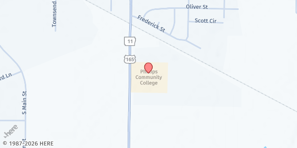 Map showing Phillips Community College - Stuttgart at 2807 US-165, Stuttgart, AR