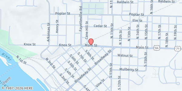 Map showing First Baptist Church of Van Buren - Open Hands Food Pantry at 1121 Main St., Van Buren, AR