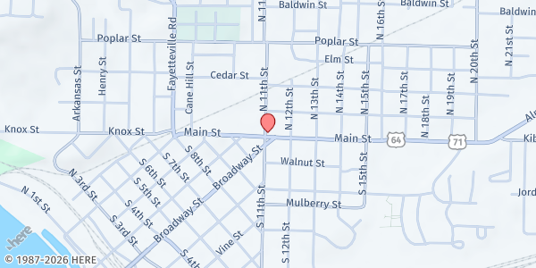 Map showing First Baptist Church Van Buren at 1121 E Main St, Van Buren, AR
