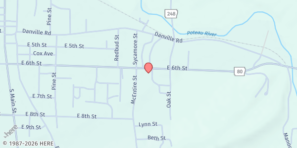 Map showing Waldron Pentecostal COG at 511 E. 6th St., Waldron, AR