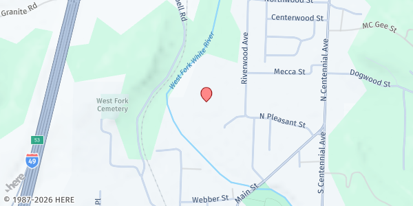Map showing West Fork Mobile Pantry - Carter Park at 17 Riverwood Ave, West Fork, AR