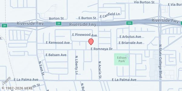 Map showing Anaheim Spanish Church at 1457 E. Romneya Dr., Anaheim, CA