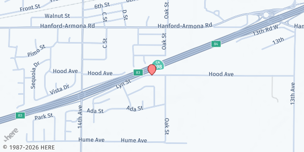 Map showing Armona Mobile Pantry Distribution Site at 13701 Hood Ave, Armona, CA