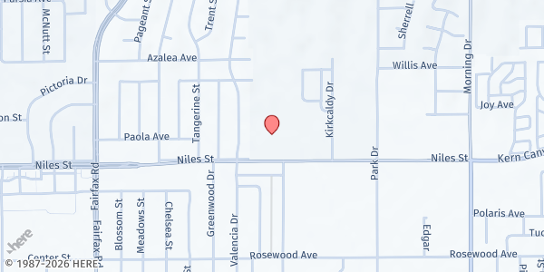 Map showing Bakersfield Living Word at 7224 Niles St., Bakersfield, CA