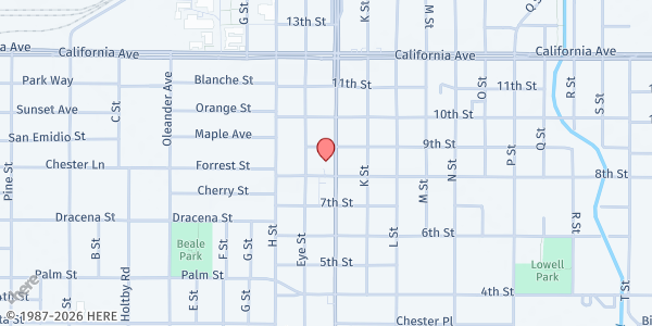 Map showing Catholic Charities, Northeast-Commodity at 809 Chester Ave., Bakersfield, CA