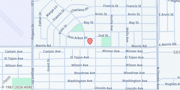 Map showing Coronado Baptist Church at 516 Norris Road, Bakersfield, CA