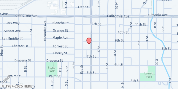 Map showing Family Resource Center of Bakersfield - Catholic Charities at 825 Chester Ave, Bakersfield, CA