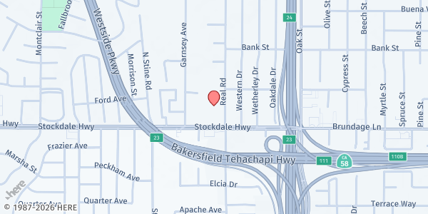 Map showing First Congregational Church at 5 Real Road, Bakersfield, CA