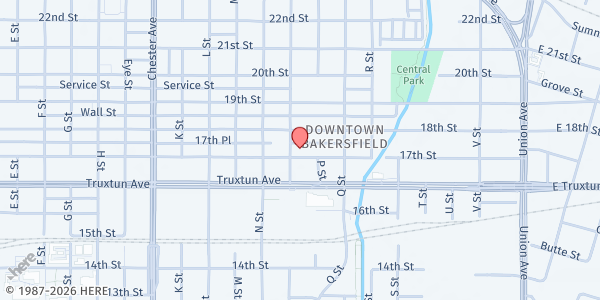Map showing The River - Vineyard Christian at 928 17th St, Bakersfield, CA