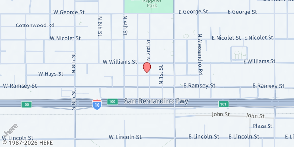 Map showing Hub City Church at 109 N 2nd St, Banning, CA