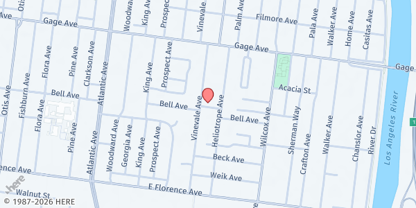 Map showing Principe de Paz Foursquare Church at 6706 Vinevale Avenue, Bell, CA
