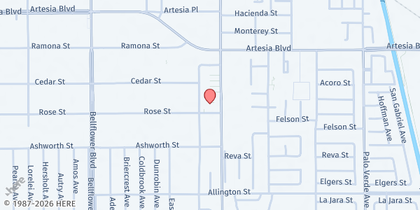 Map showing Rosewood Church at 10115 E. Rose Street, Bellflower, CA