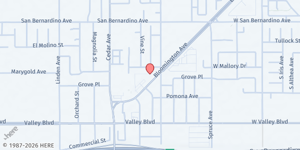 Map showing Nazarene Church of Bloomington at 9904 Bloomington Ave, Bloomington, CA