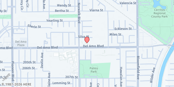 Map showing Crossroads Family Church of the Nazarene at 12229 E. Del Amo Boulevard, Cerritos, CA