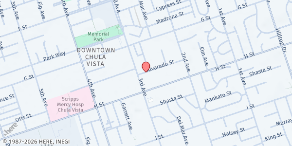 Map showing Sister Dolores Social Outreach at St. Rosa of Lima Catholic Parish at 278 Alvarado Street, Chula Vista, CA