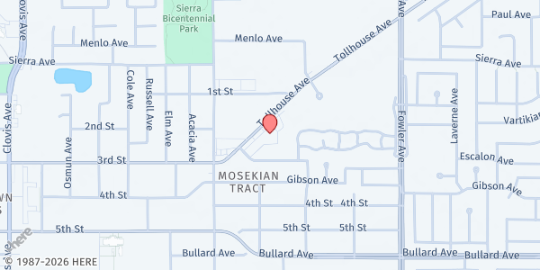 Map showing Oak Hills Church at 1486 Tollhouse Rd, Clovis, CA