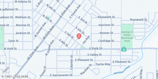 Map showing Chapel Grace - Mobile Pantry Distribution at 120 E. Hawthorne St., Coalinga, CA