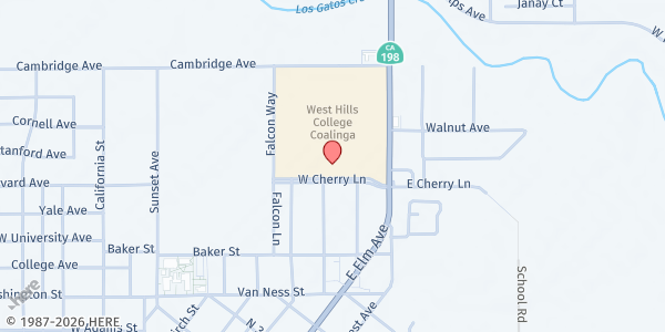 Map showing West Hills College - Coalinga Student Pantry at 300 W. Cherry, Coalinga, CA