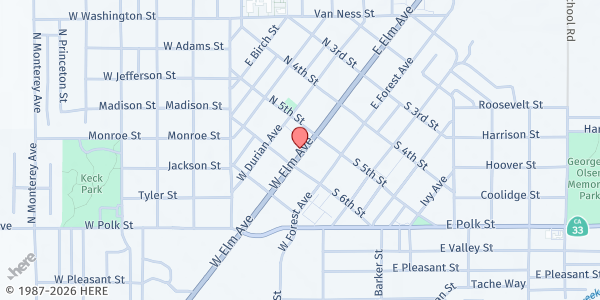 Map showing Westside Family Services - Coalinga at 160 W. Elm Street, Coalinga, CA