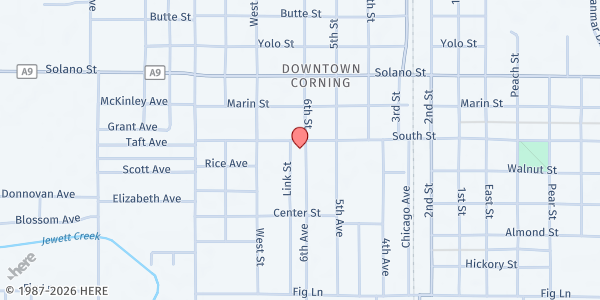 Map showing Harvest Christian Center at 1006 6th Ave, Corning, CA