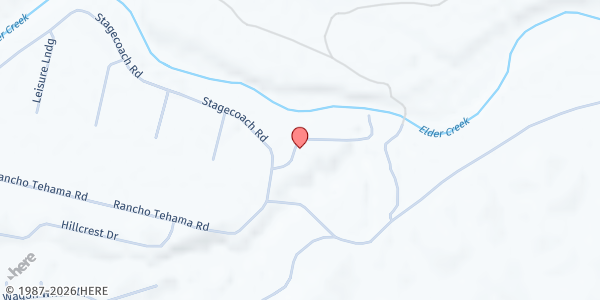 Map showing Rancho Tehama Recreation Hall at 17605 Park Terrace Rd, Corning, CA