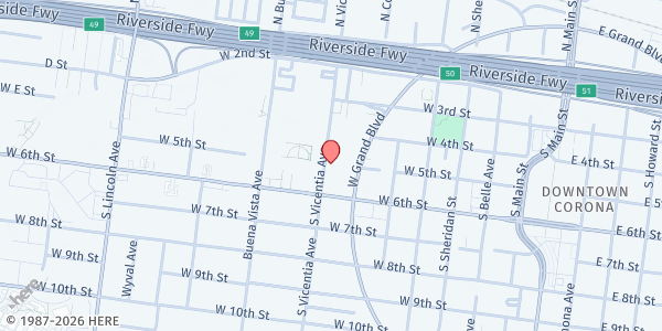 Map showing Corona-Norco Settlement House at 507 S. Vicentia Ave, Corona, CA