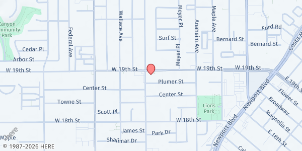 Map showing Costa Mesa Senior Center at 695 W 19th St., Costa Mesa, CA