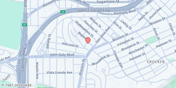 Map showing North Peninsula Food Pantry & Dining Center of Daly City at 31 Bepler St, Daly City, CA