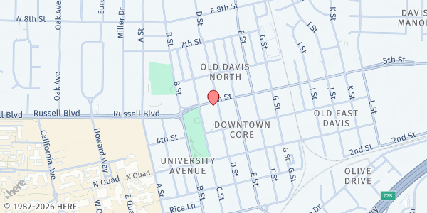 Map showing Yolo Food Bank - Davis Distribution Site at 441 D Street, Davis, CA