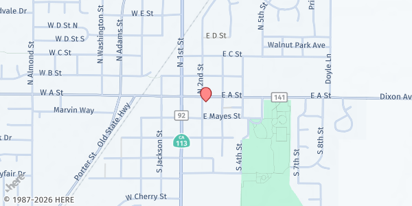 Map showing Dixon Food Locker at St. Peters SVDP at 105 S 2nd St, Dixon, CA