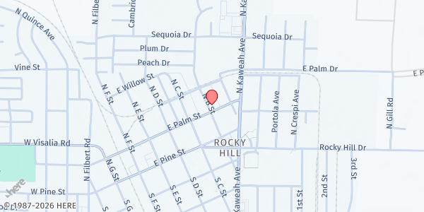 Map showing New Life Assembly of God at 501 E. Palm, Exeter, CA
