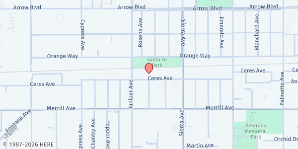Map showing Fontana Community Senior Center at 16710 Ceres Ave, Fontana, CA