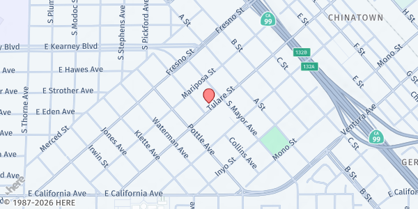 Map showing Clovis Hills Community Church (Tulare Street) at 819 Tulare ST, Fresno, CA