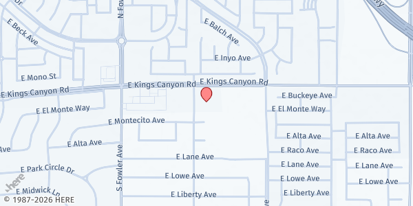 Map showing Covenant of Faith Family Ministries Intl. at 6269 E. Kings Canyon Road, Fresno, CA