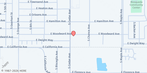 Map showing El Encino Baptist Church Food Pantry - Food Distribution Center at 2033 S Cedar Ave, Fresno, CA