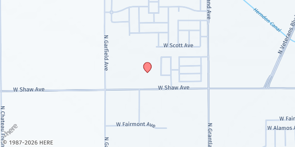 Map showing God's Family Church at 7272 W. Shaw Ave., Fresno, CA