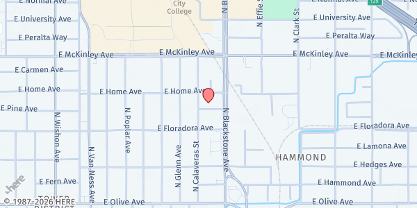 Map showing Life Free Will Baptist Church Neighborhood Market at 1625 E. Pine St., Fresno, CA