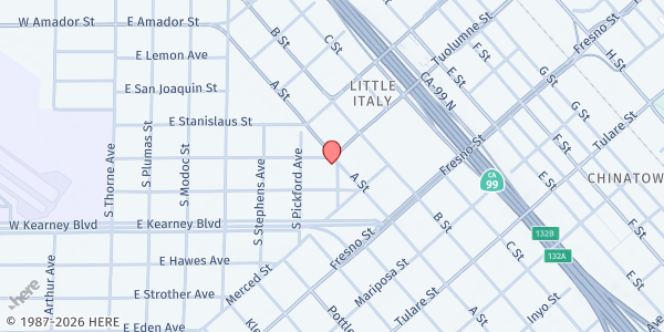 Map showing Life Ministries Church at 552 E. Toulumne St., Fresno, CA