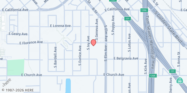 Map showing St. Rest Community Church at 1550 E. Chester Riggins Ave., Fresno, CA