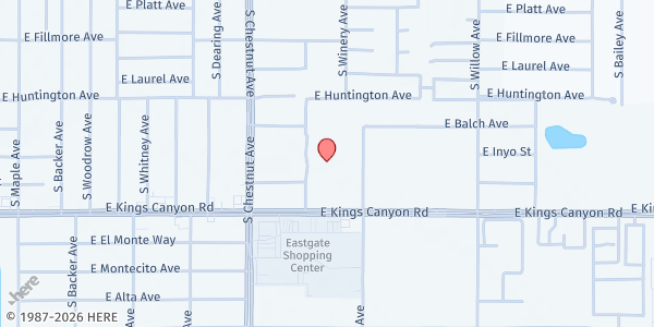 Map showing The Fresno Center at 4879 E Kings Canyon Rd, Fresno, CA