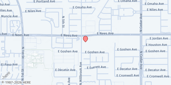 Map showing Woodward Park Church at 7886 N. Millbrook Ave., Fresno, CA