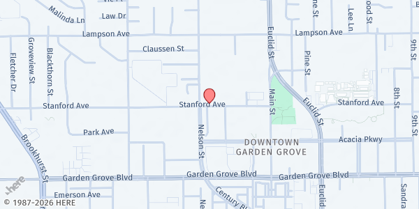 Map showing Saint Columban Catholic Church - St. Vincent de Paul Food Distribution Center at 10801 Stanford Avenue, Garden Grove, CA