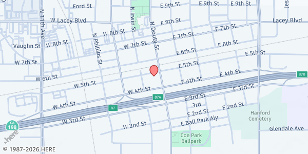 Map showing St. Brigid Community Outreach at 115 W. 5th St., Hanford, CA