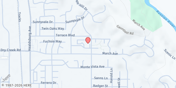 Map showing Alliance Medical Center - Healdsburg at 1381 University Ave, Healdsburg, CA