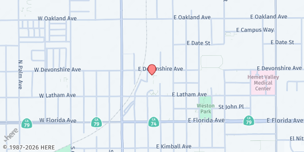 Map showing Community Pantry and Valley Community Pantry at 305 E Devonshire, Hemet, CA
