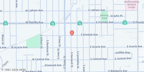Map showing First Assembly of God at 200 S. Harvard Street, Hemet, CA
