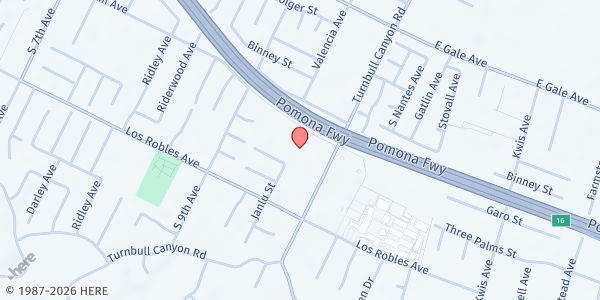 Map showing St. John Vianney Church at 1345 Turnbull Canyon Rd., Hillgrove, CA