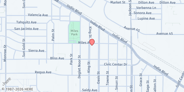 Map showing Abundant Life Church at 82-665 Miles Ave, Indio, CA