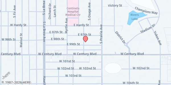 Map showing Greater New Bethel Baptist Church, Inc at 601 E. 99th Street, Inglewood, CA